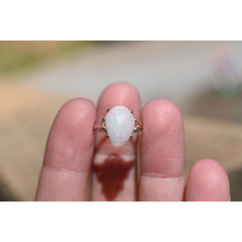 Natural Ethiopian Opal Ring in Sterling Silver Pear Cut Iridescent Gemstone Ring